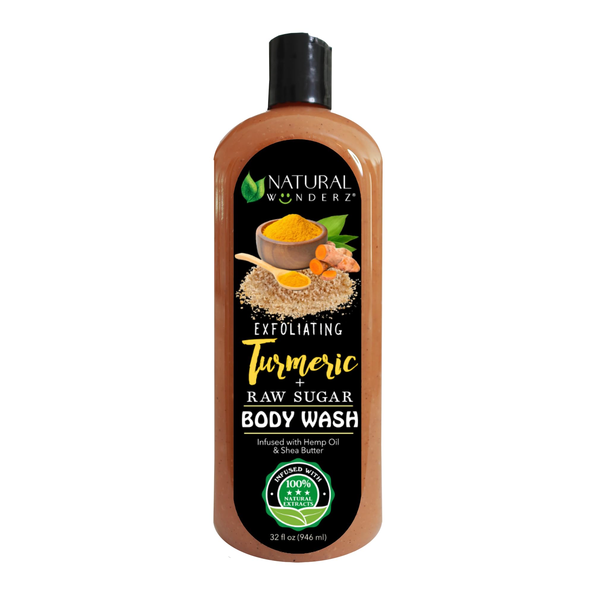 Natural Wunderz Body Wash With Turmeric And Raw Sugar, 32 Fl Oz, Exfoliating Gentle Cleanser And Shower Gel For All Skin Types,