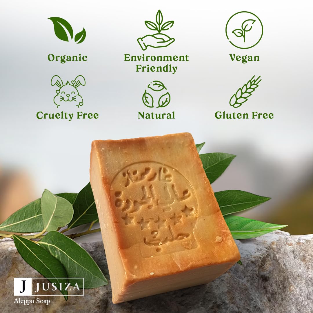Jusiza - Aleppo Soap - 7 Oz -%20 Laurel Oil,%80 Olive Oil, Traditional Production, Natural - Vegan - Handmade