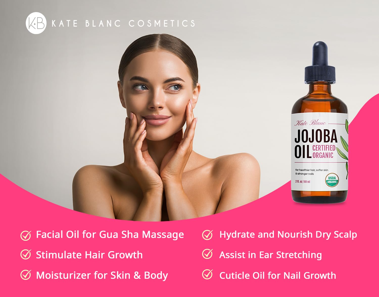 Kate Blanc Cosmetics Jojoba Oil For Hair Growth, Skin & Face (2Oz) Facial Oil For Gua Sha Massage. 100% Pure & Natural Hair Oil