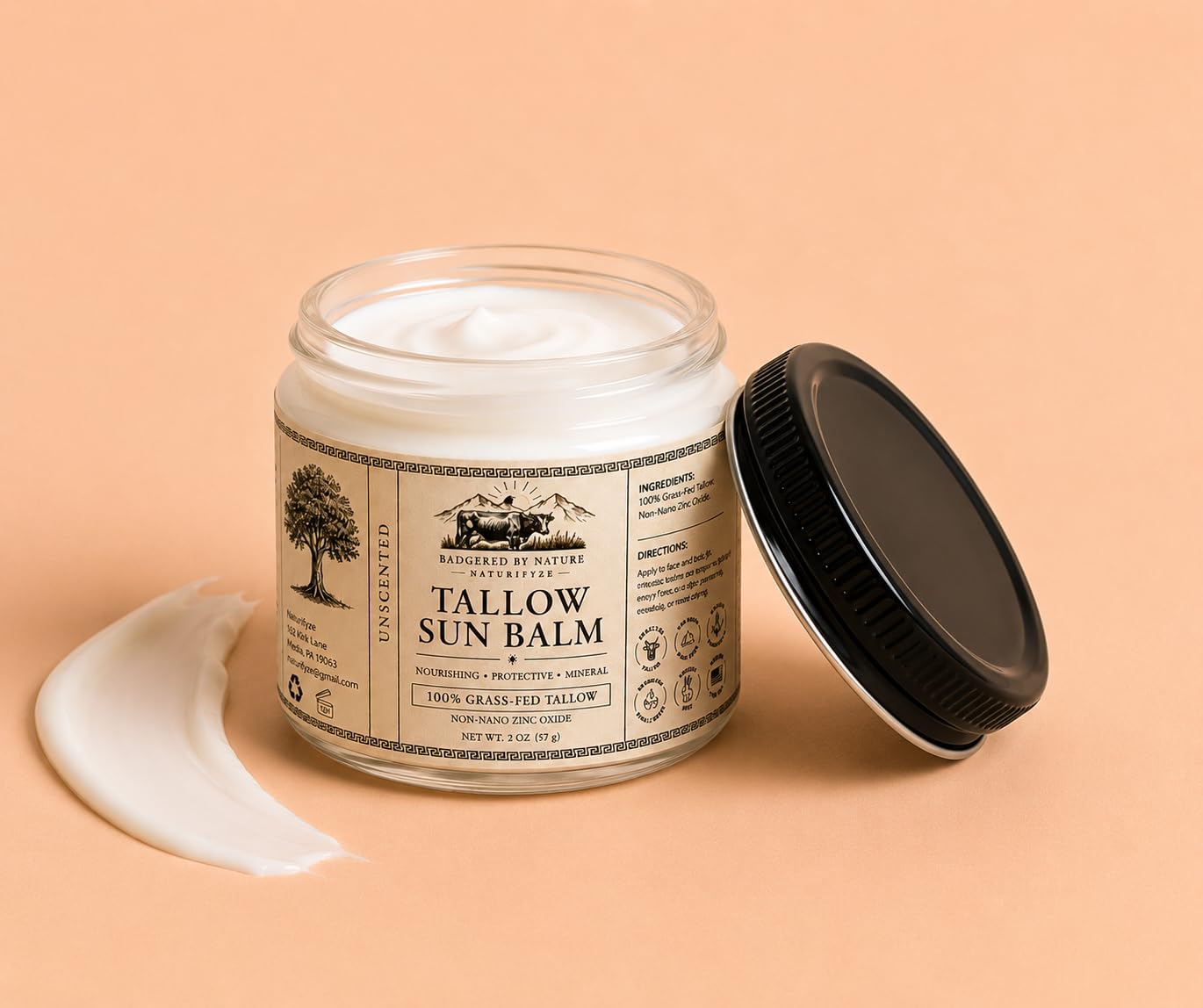 Tallow Sun Balm, Unscented, 100% GrassFed Tallow, NonNano Zinc Oxide, Nourishing Mineral Sun Balm, 2 oz