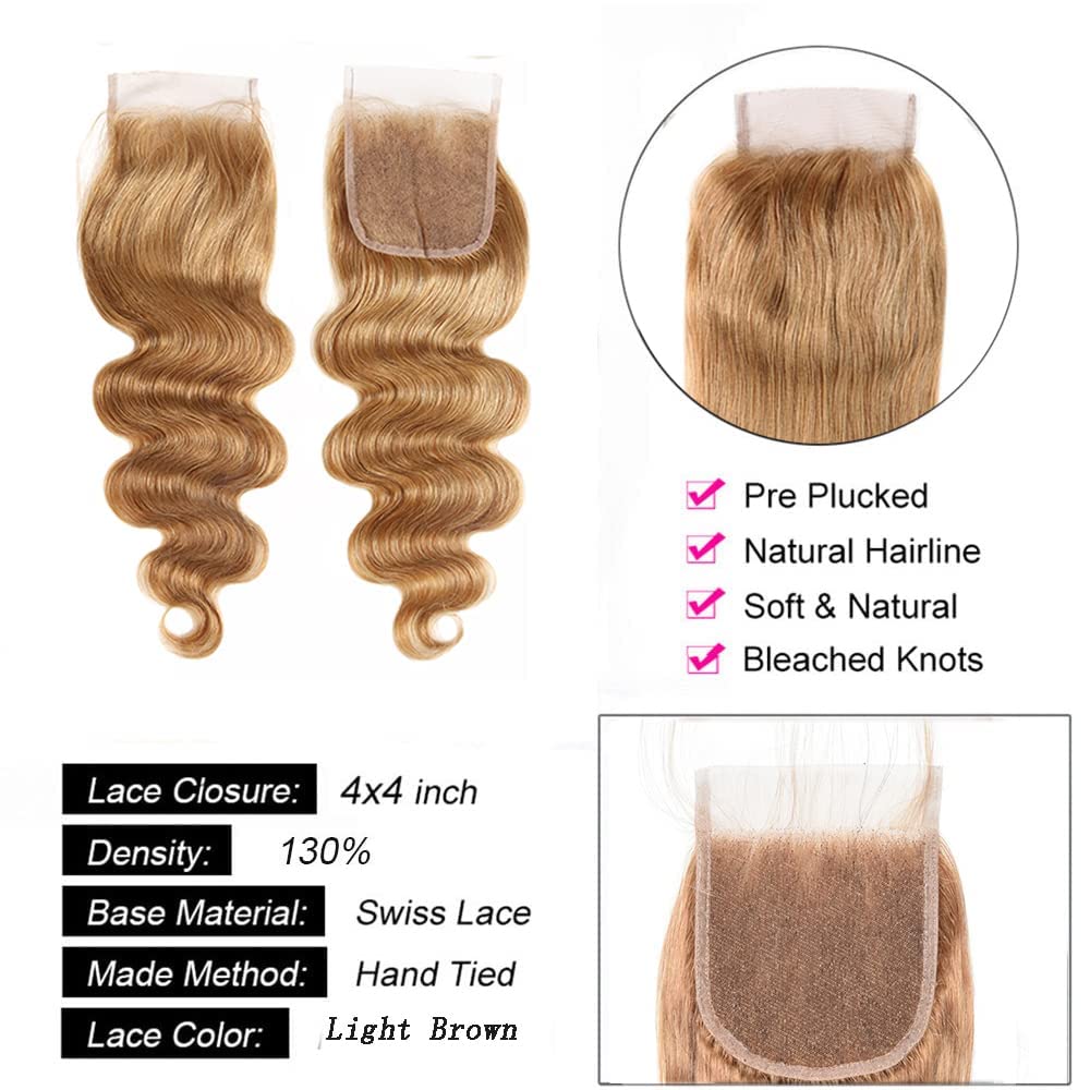 4X4 Honey Blonde Closure Pre Plucked Brazilian Virgin Hair Body Wave Lace Closure With Baby Hair - 14 Inch, Next Day Delivery