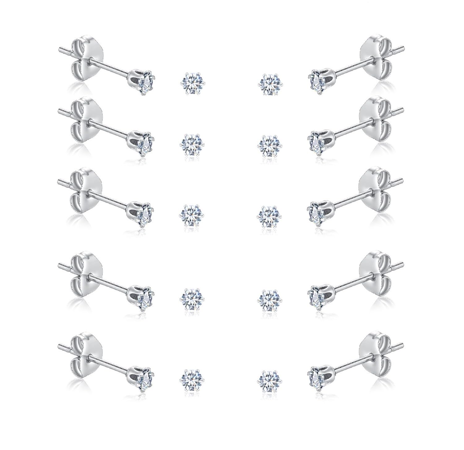 FOSIR 10 Pairs 3mm Tiny Women 's Stainless Steel Round Clear Cubic Zirconia Stud Earrings (Surgical Steel)