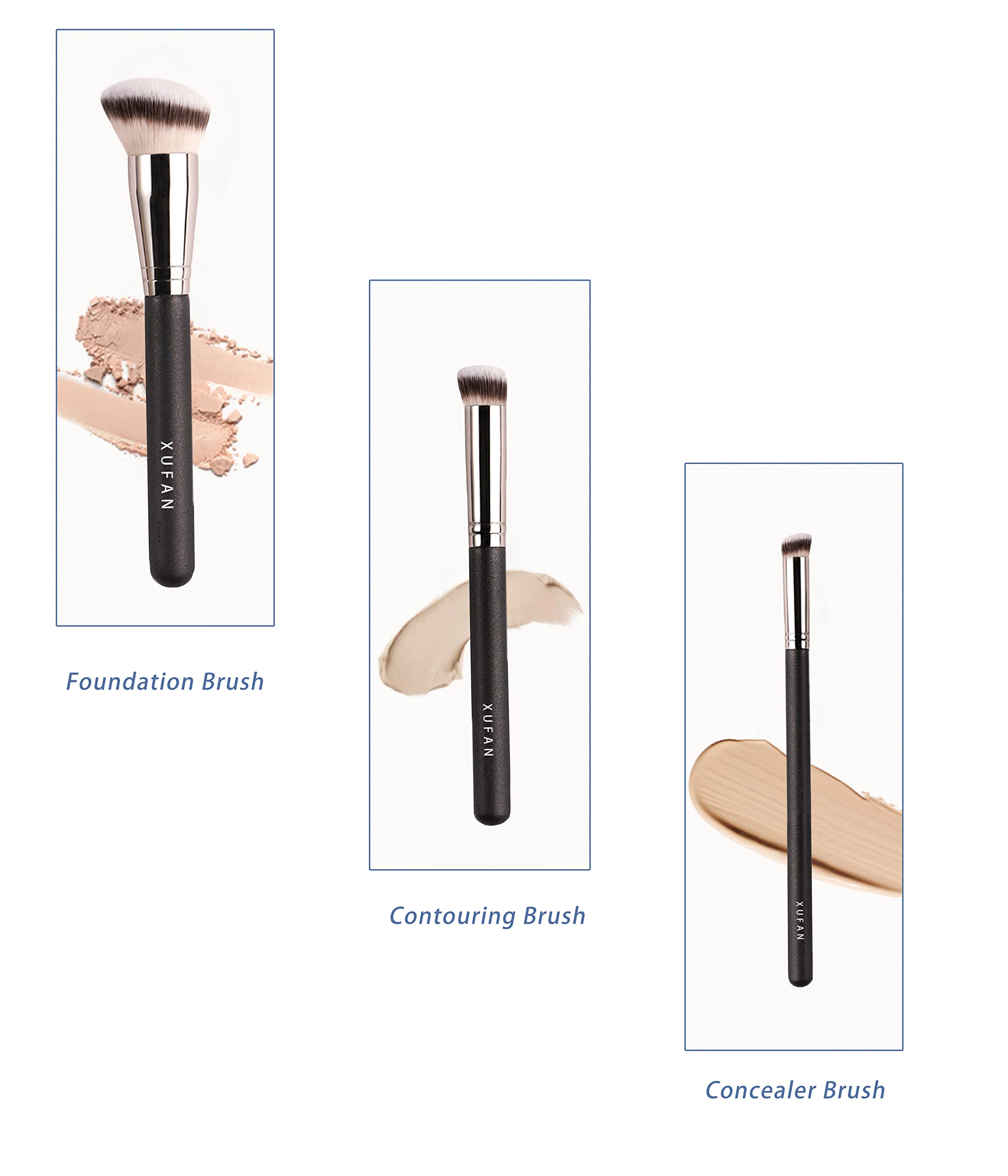 Xufan 3Pcs Foundation Concealer Brushes, Under Eye Mini Angled Brush, Nose Contour Brush, Small Makeup Foundation Brushes