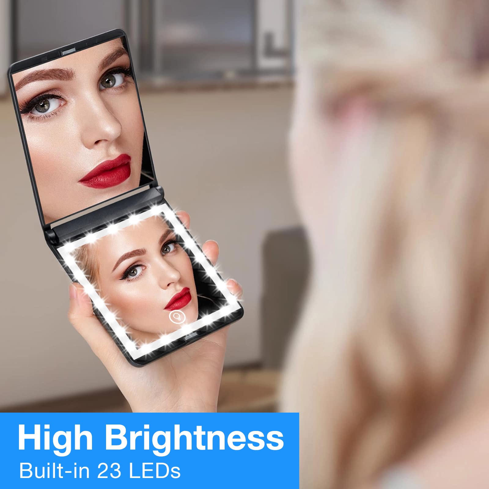Wobsion Travel Mirror With Light, Rechargeable Lighted Compact Mirror, 1X/3X Magnifying Mirror With 23 Leds,300   Flip Folding P