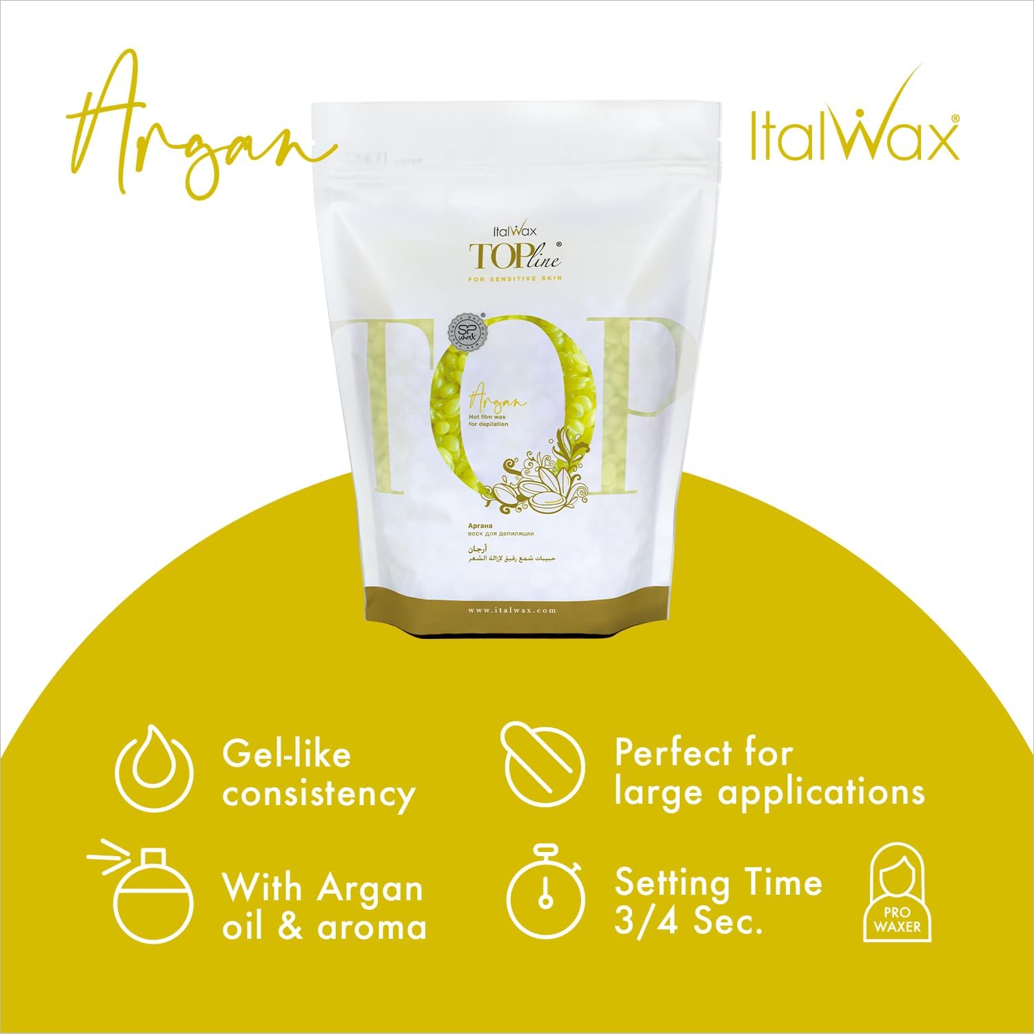 Italwax Top Line Argan - 750G / 1.65Lb - Hard Wax Beads For Hair Removal - Argan Oil Fragrance - Synthetic Formulation Ideal For