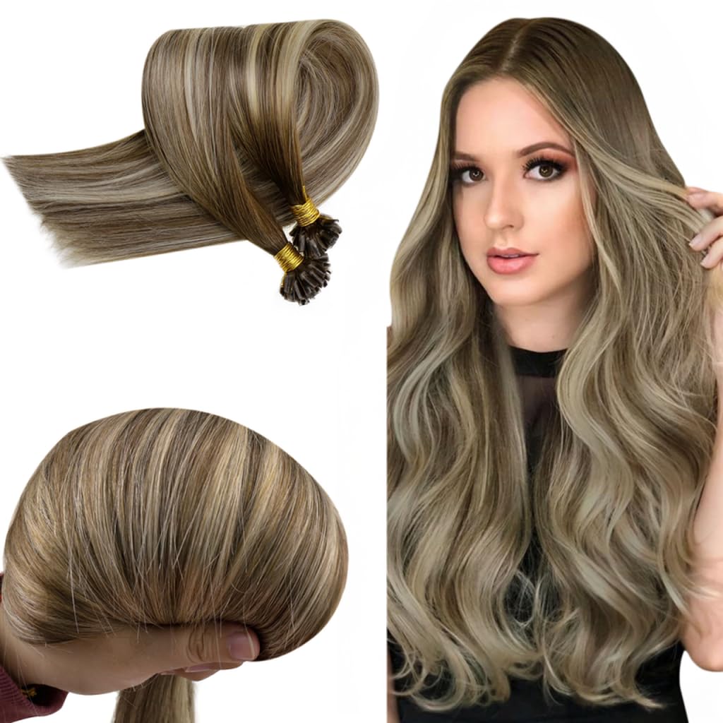 RUNATURE Balayage U Tip Hair Extensions Real Human Hair 20 Inch Straight U Tip Human Hair Extensions Hot Fusion Ombre Walnut Bro