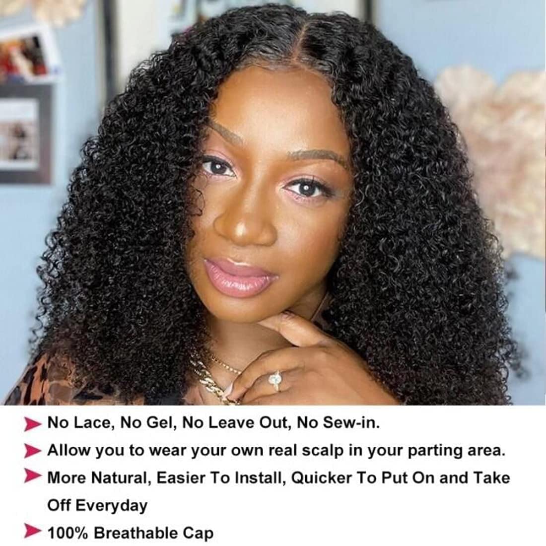 Unice V Part Wig Human Hair Kinky Curly Upgrade U Part Human Hair Wig No Tracks 4X1 Inch Lace V Part Human Hair Wig Wear Go Glue