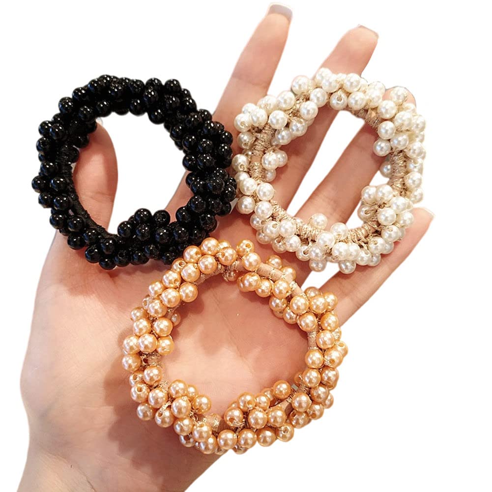 LOVEF 3 Pcs Fashion Women Pearls Beads Hair Band Rope Scrunchie Ponytail Holder
