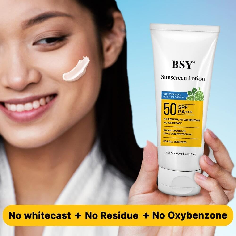 BSY Noni Sunscreen Lotion SPF 50 PA+++ (2.03 fl oz) | Infused with Noni & Soy Milk Extracts | Mineral Sunscreen with No White Ca