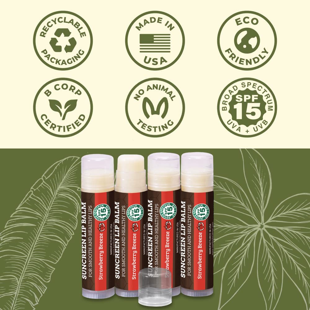 Spf Lip Balm 4-Pack By Earth'S Daughter - Lip Sunscreen, Spf 15, Organic Ingredients, Strawberry Flavor, Beeswax, Coconut Oil, V