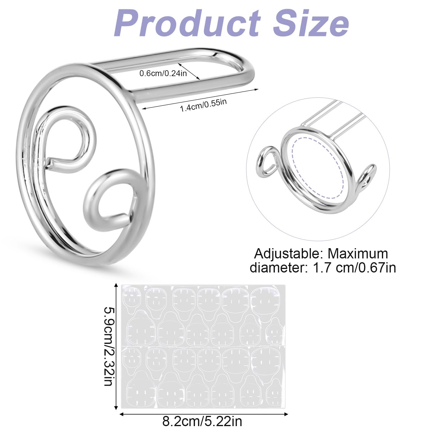 20pcs Wudu Nail Rings, Adjustable Metal Finger Nail Rings for Women with 120pcs Adhesive Tabs Reusable Detachable Fingernail Jew