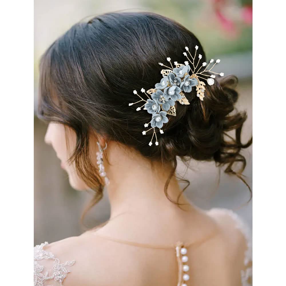 Insowni 20 Pack Classy Dusty Blue Flower Bridal Wedding Hair Side Combs+Floral Hair Pins+Twist Spiral Pearl Hair Pins Clips Piec