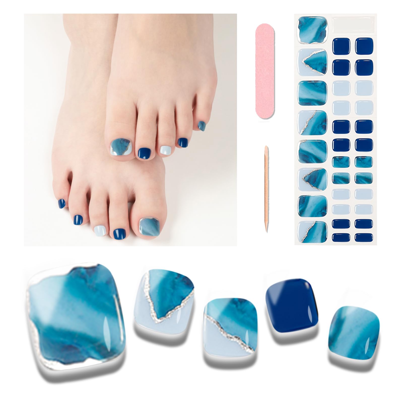 Wekcekcek Semi Cured Gel Toenail Strips, 32 Blue Marble Gel Toenail Stickers - Works with Any Nail Lamps Gel Pedicure Strips Ful