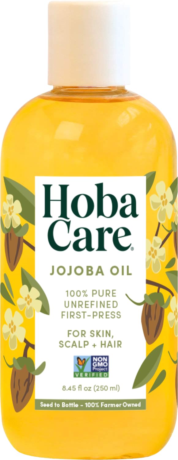 HobaCare Cold Pressed Jojoba Oil for Hair, Skin, Face, Body, Scalp, Nails, Beard Care, Massage – 100% Pure Unrefined Natural Carrier Oil – Moisturizing, Vegan, Cruelty-Free, Hexane Free (8.45 oz)