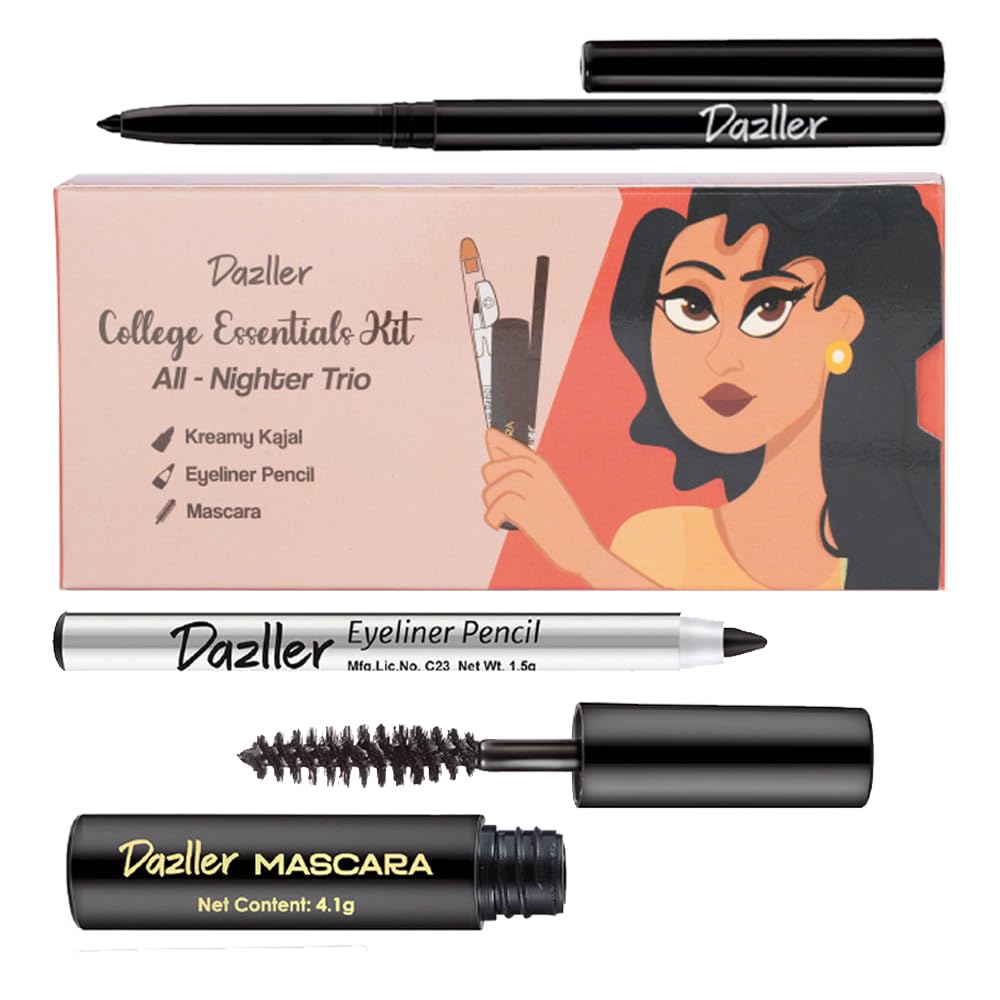 Dazller College Makeup Essentials 3 - All Nighter Trio|Kajal|Mascara|Eyeliner|Water-Resistant|Smudge-Proof|Starter Makeup Kit Fo