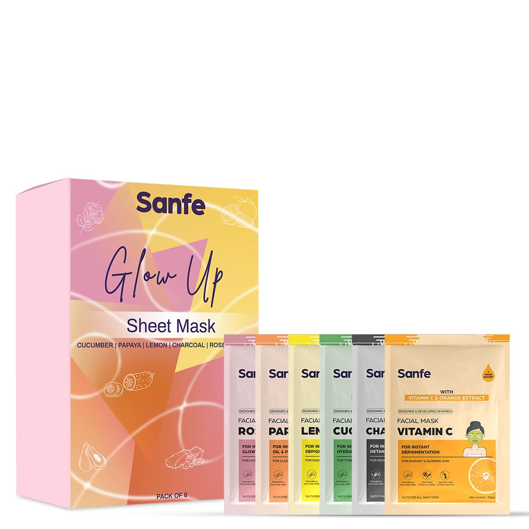 Sanfe Glow Up Sheet Mask (Pack Of 6) | Korean Facial Masks With Rose, Cucumber, Charcoal, Lemon, Papaya & Vitamin C | For Instan