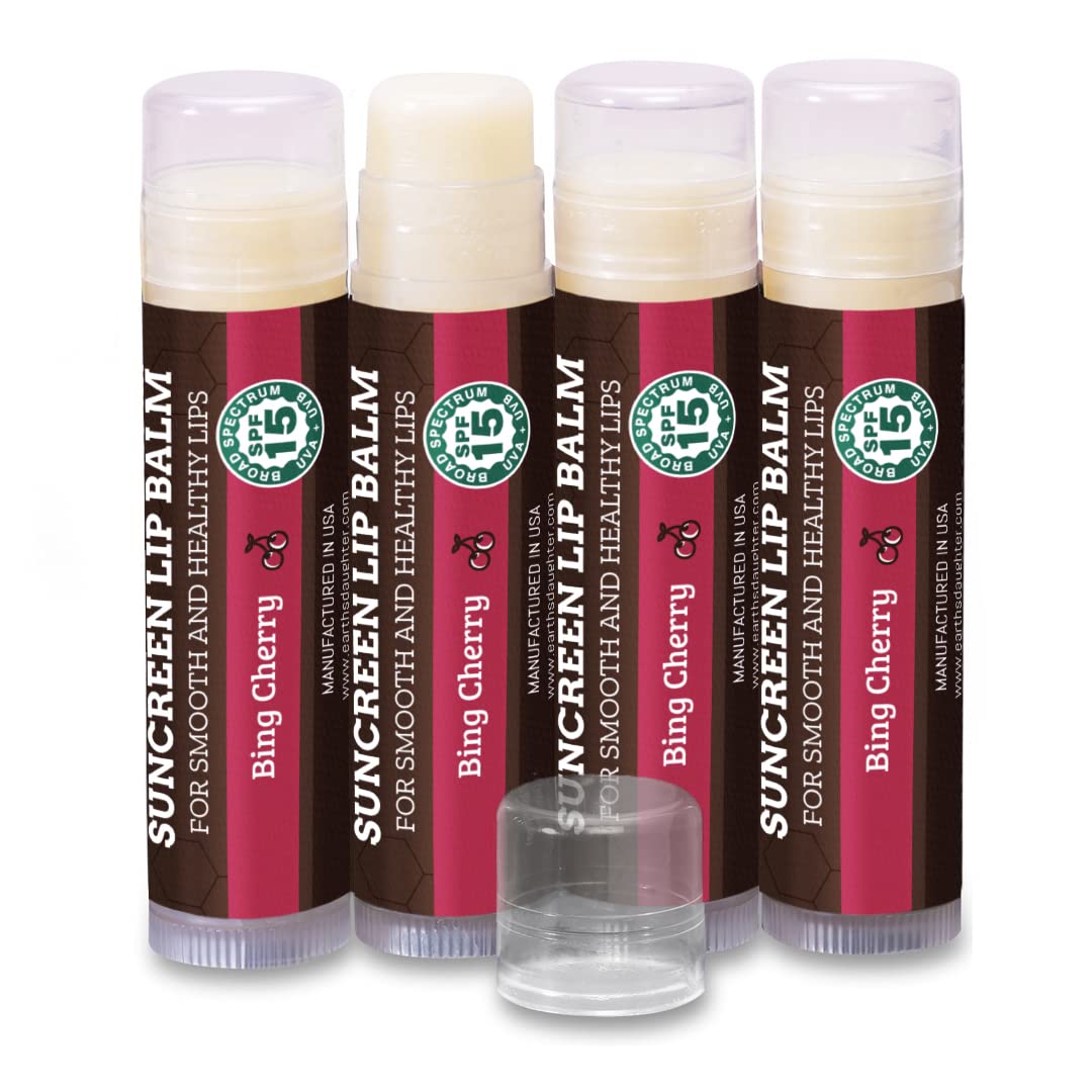 Spf Lip Balm 4-Pack By Earth'S Daughter - Lip Sunscreen, Spf 15, Organic Ingredients, Cherry Flavor, Beeswax, Coconut Oil, Vitam