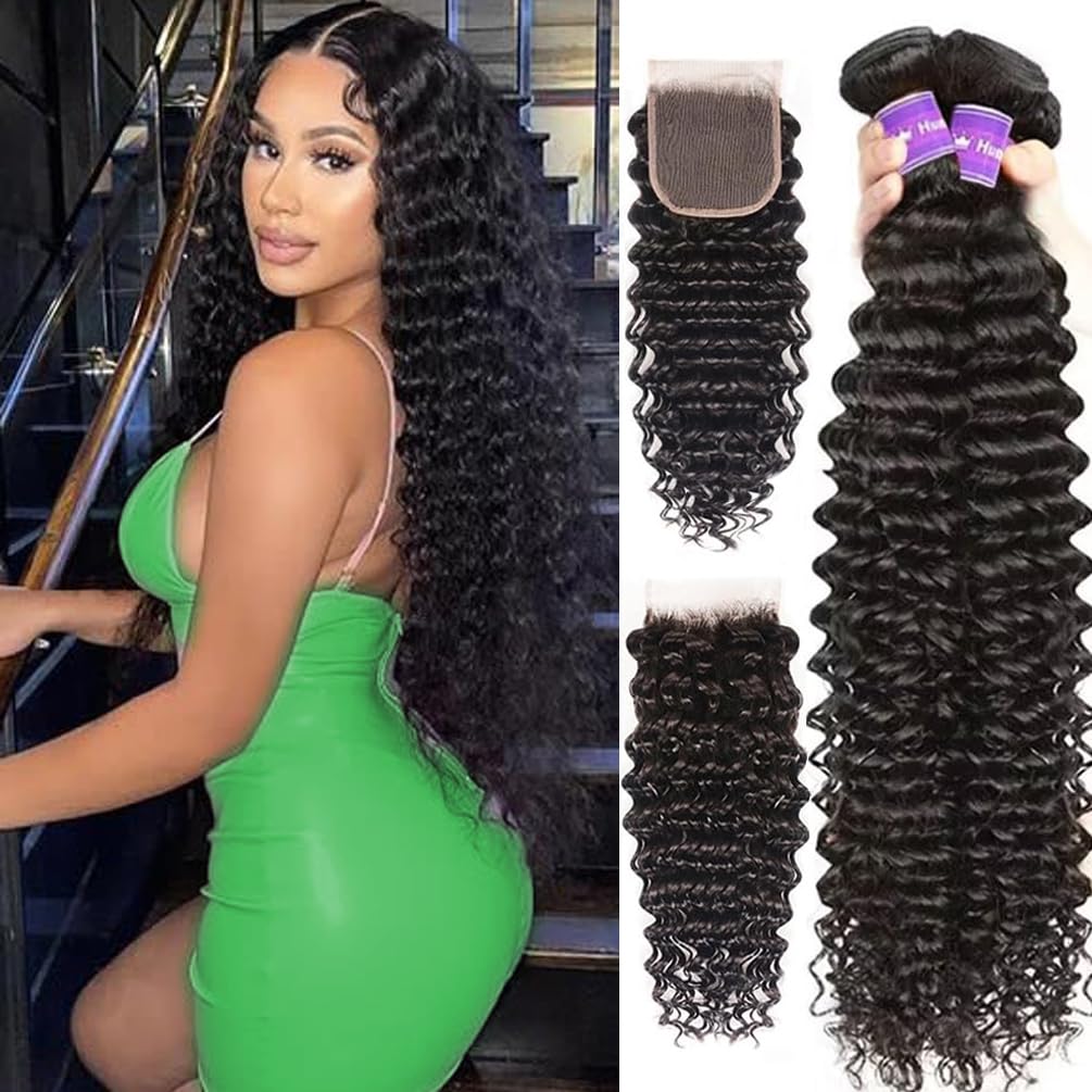 Deep Wave Bundles With Closure (18 20 22+16 Closure) 12A 100% Unprocessed Brazilian Virgin Human Hair Curly Weave 3 Bundles With