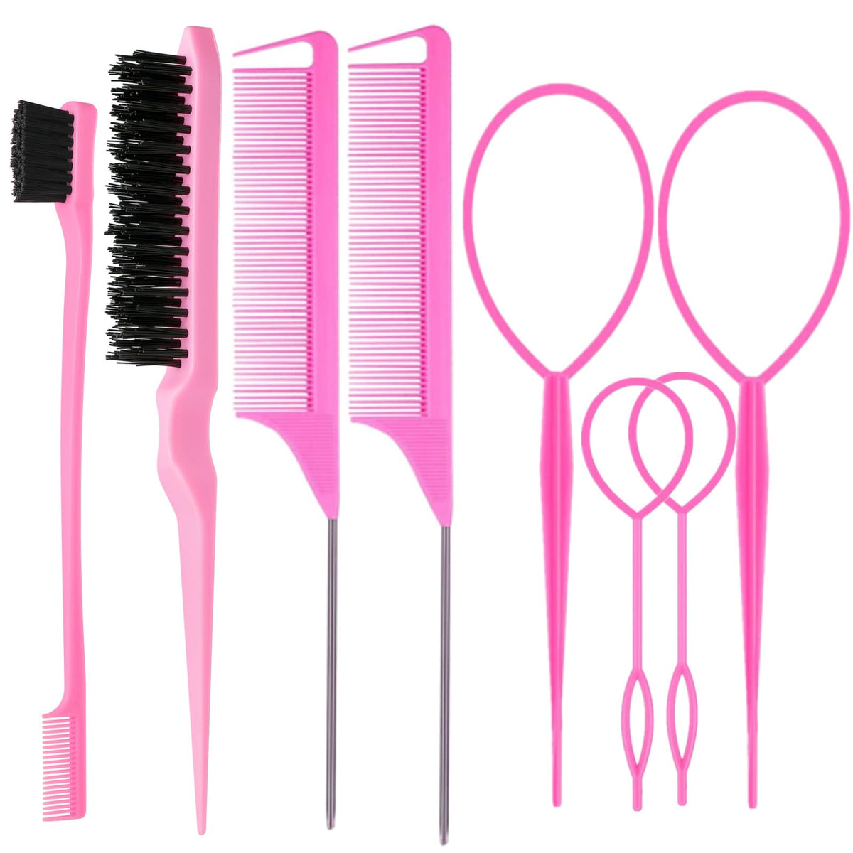ZVOREI 8Pcs Hair Brushes Set with 4Pcs Topsy Hair Tail Tools 1Pcs Bristle Teasing Hair Brush 1Pcs Edge Control Brush 2Pcs Metal 
