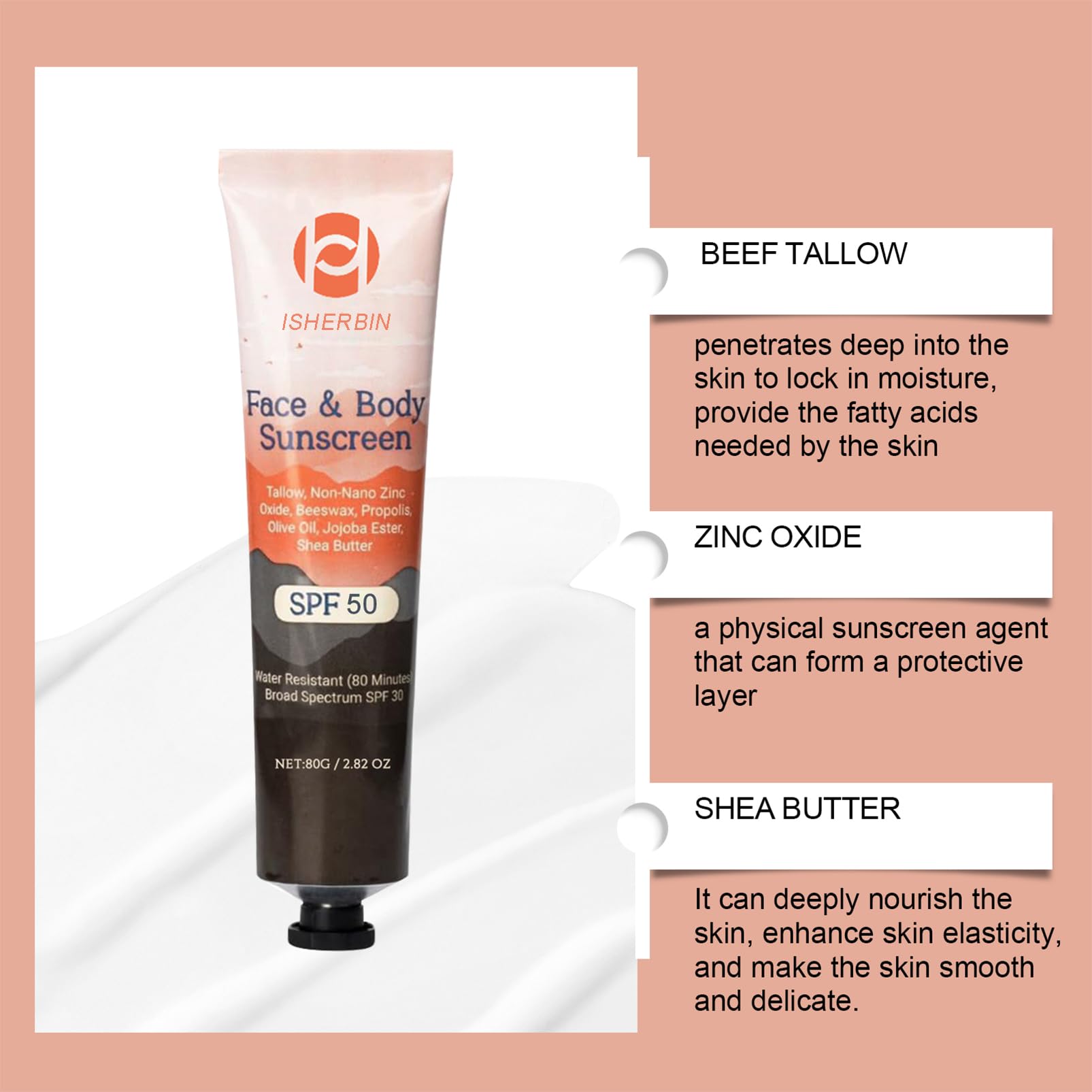 Natural Mineral Sunscreen SPF 50 - Natural Tallow & Zinc Oxide, Beef Tallow Sunscreen for Face & Body SPF 50, Lightweight under