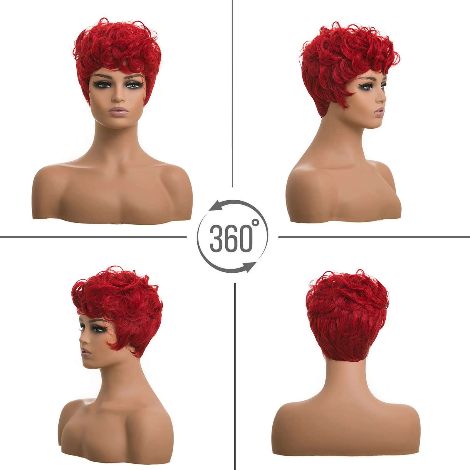 Docute Red Pixie Cut Wigs For Black Women Short Hair, Red Short Fluffy Pixie Cut Wigs Natural Red Wavy Synthetic Wigs For Black