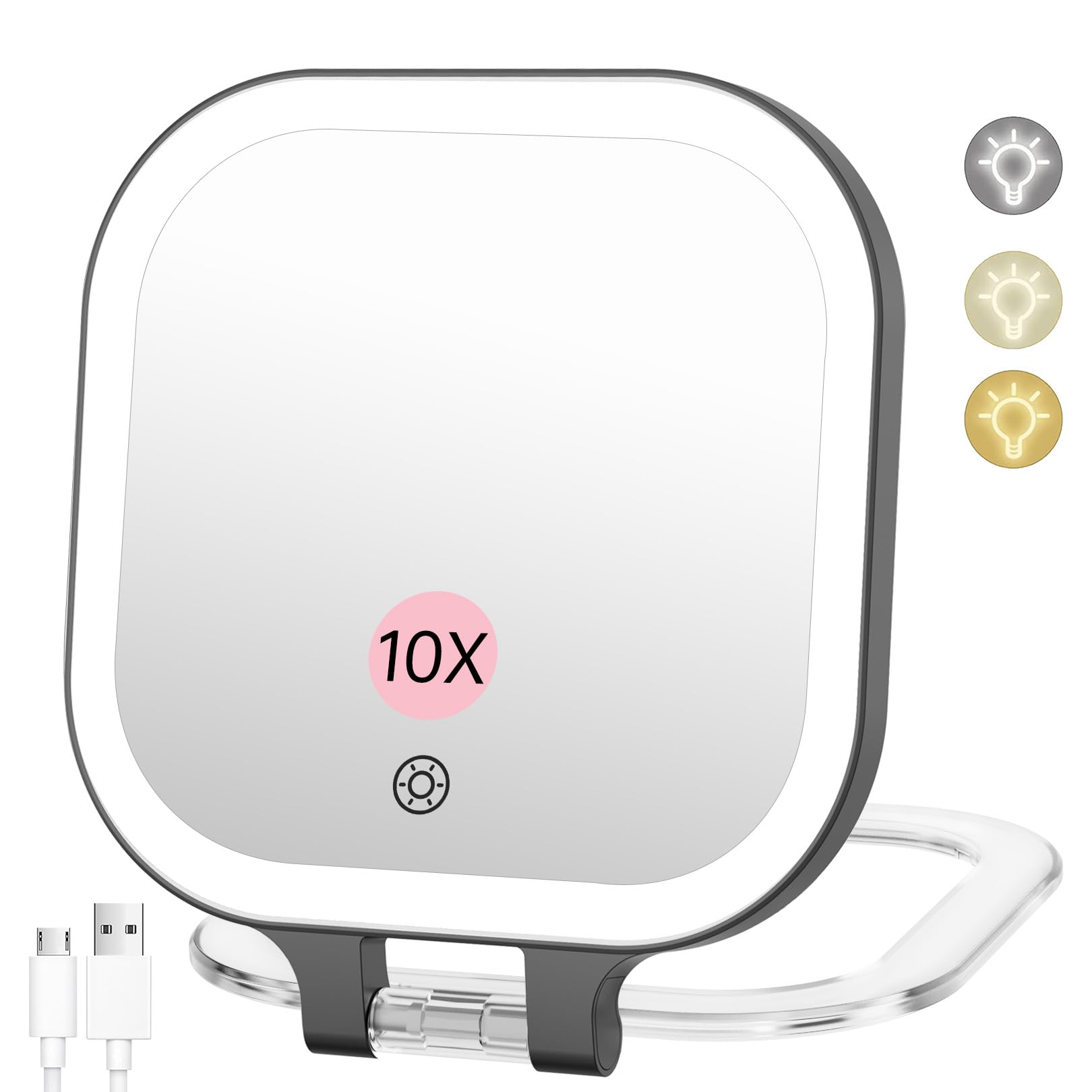 FASCINATE 10X Magnification Rechargeable Travel Makeup Mirror, Lighted Portable Vanity Mirror with 3 Colors Lighting & Stepless 