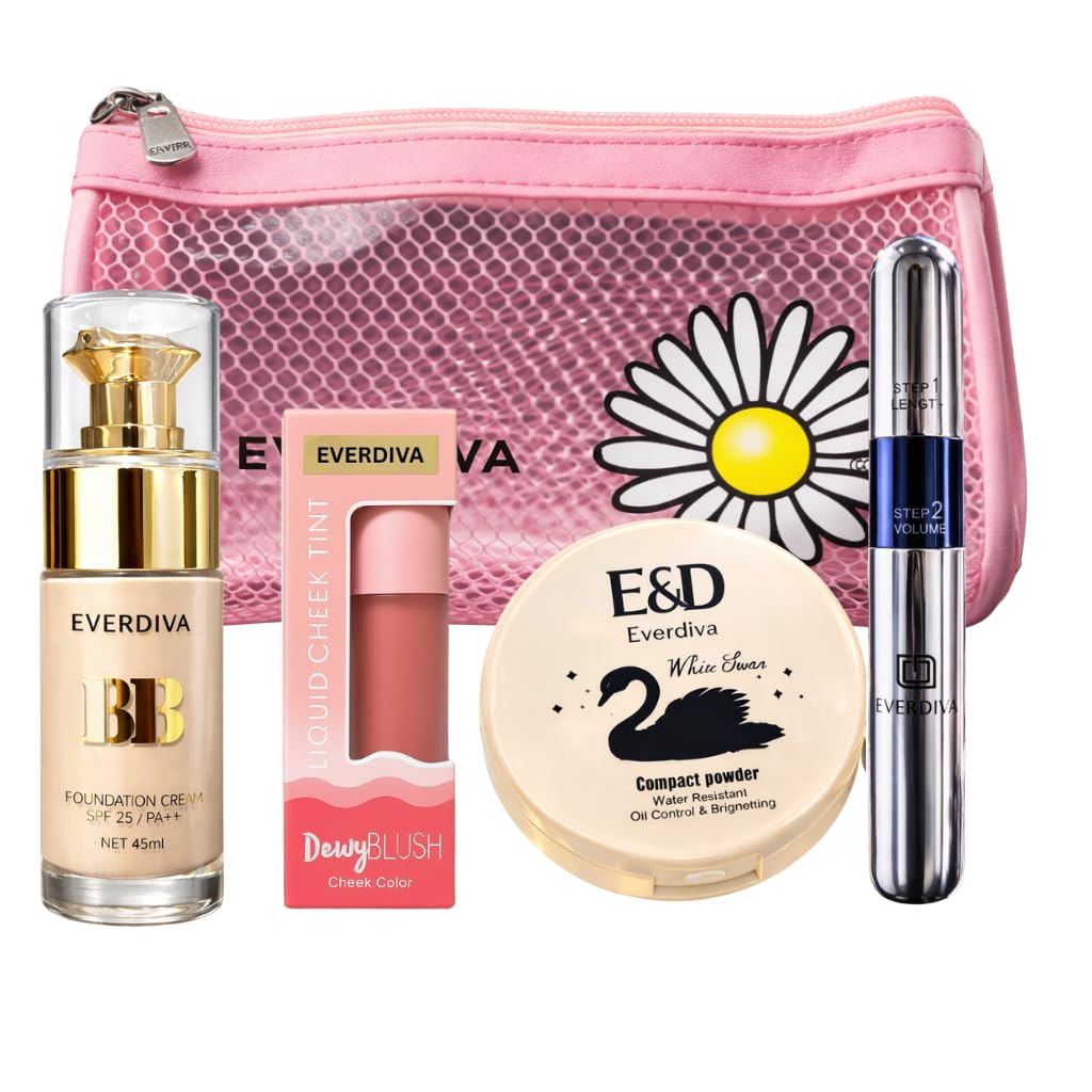 Dewy Makeup Combo With Makeup Bag | Foundation, Dewy Liquid Blush, Compact Powder & Mascara | Glowing Base, Natural Flush & Defi