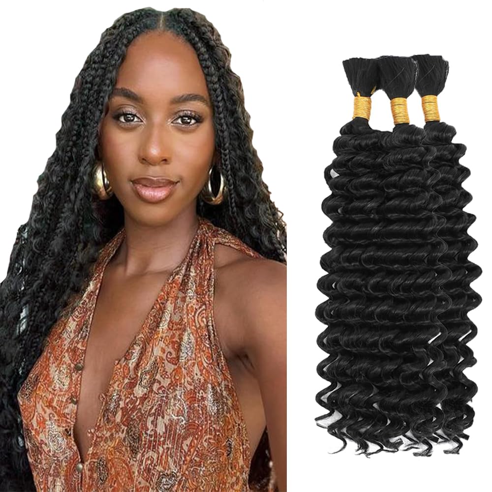 #1b Natural Black 26 26 26 Inch HuxoWax Boho Braids Human Hair Extensions Deep Wave No Weft Human Braiding Hair Extensions Weave