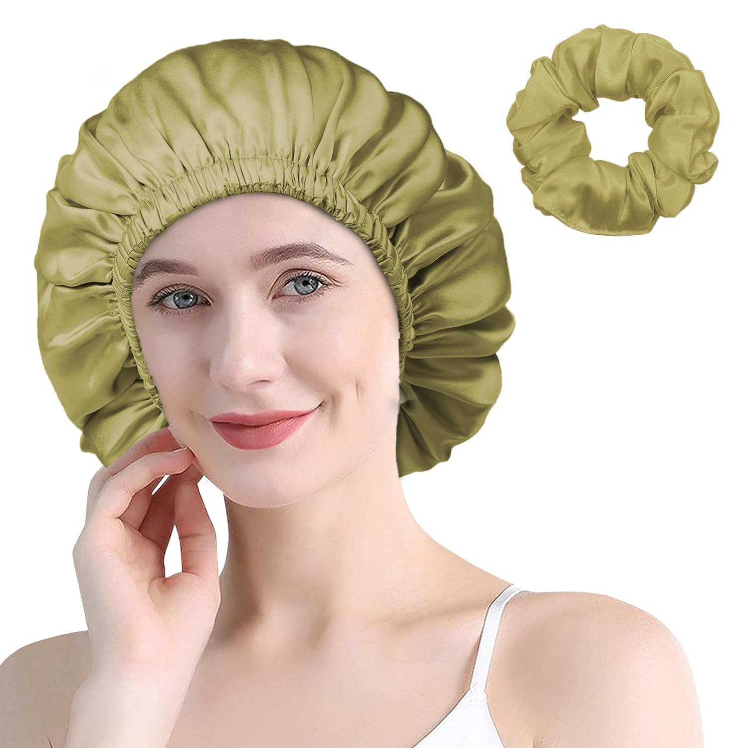 Wigi 100% Mulberry Silk Bonnet With Scrunchie Gift For Women, Silk Bonnet For Sleeping, Shower Cap Hair Bonnet, Silk Hair Wrap F