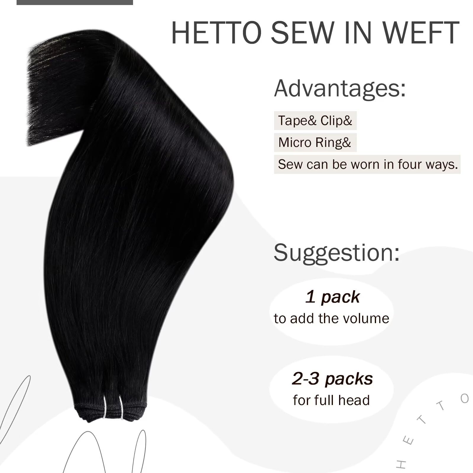 Hetto Black Weft Hair Extensions Human Hair Weft Extensions Remy Human Hair 14 Inch 80G #1 Jet Black Sew In Weft Human Hair Exte