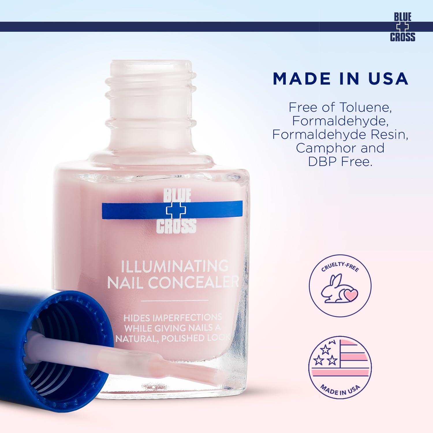 Blue Cross Illuminating Nail Concealer Polish, 5 Minute Manicure, Topcoat & Basecoat Nail Lacquer, Made In Usa For Natural Shine