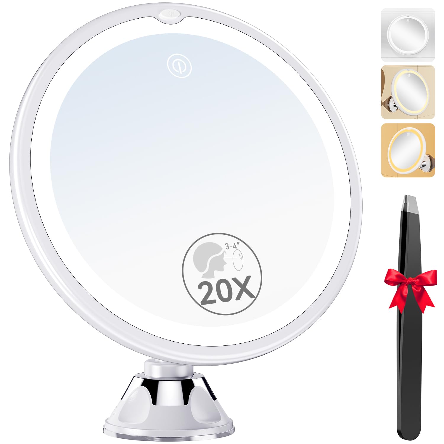 2025 Upgraded 20X Magnifying Lighted Makeup Mirror, 8'' Vanity Mirror With Power Suction Cup And Tweezers, 360 Swivel, Portable