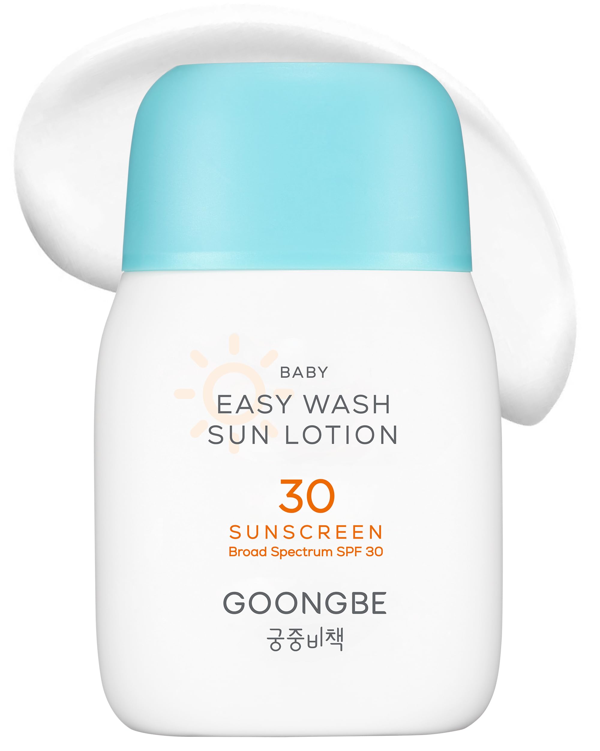 GOONGBE Baby Easy Wash Sun Lotion SPF 30 - Korean Moisturizing Zinc Oxide Mineral Sunscreen for Babies and Kids - Washes Off Eas