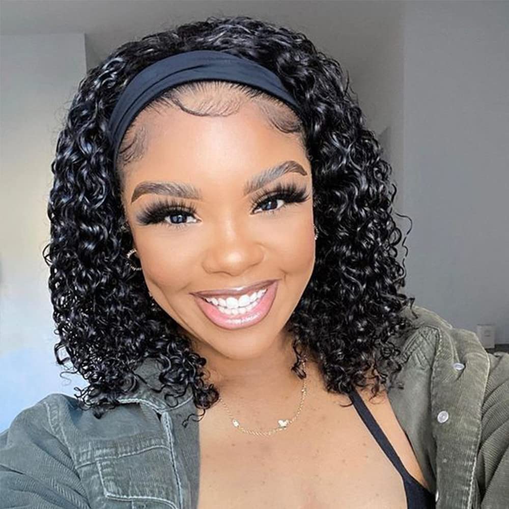 AISI Headband Wig Human Hair Curly Wigs for Black Women Brazilian None Lace Front Wigs 150% Density Natural Black Headband Wigs