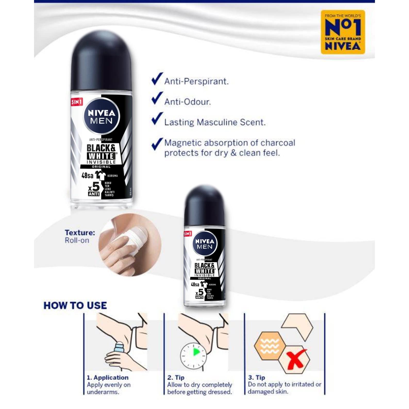 Nivea 48H Deodorant Roll-On Roll On Invisible For Black&White Anti Perspirant 50Ml (Original Pack Of 3) 1.7 Fl Oz