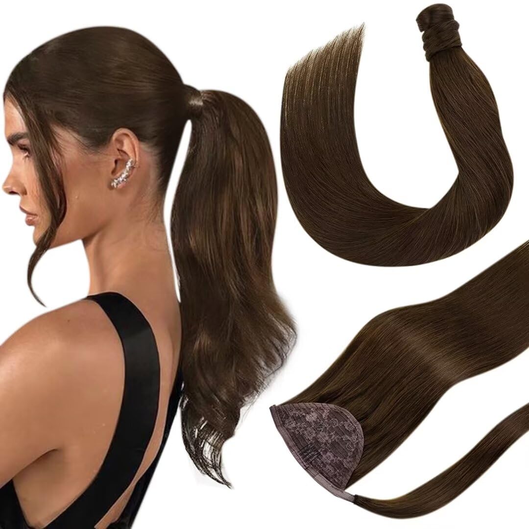 Hetto Ponytail Extensions Human Hair Brown 22 Inch Wrap around Ponytail Hair Extensions #4 Dark Brown Clip in Ponytail Human Hai