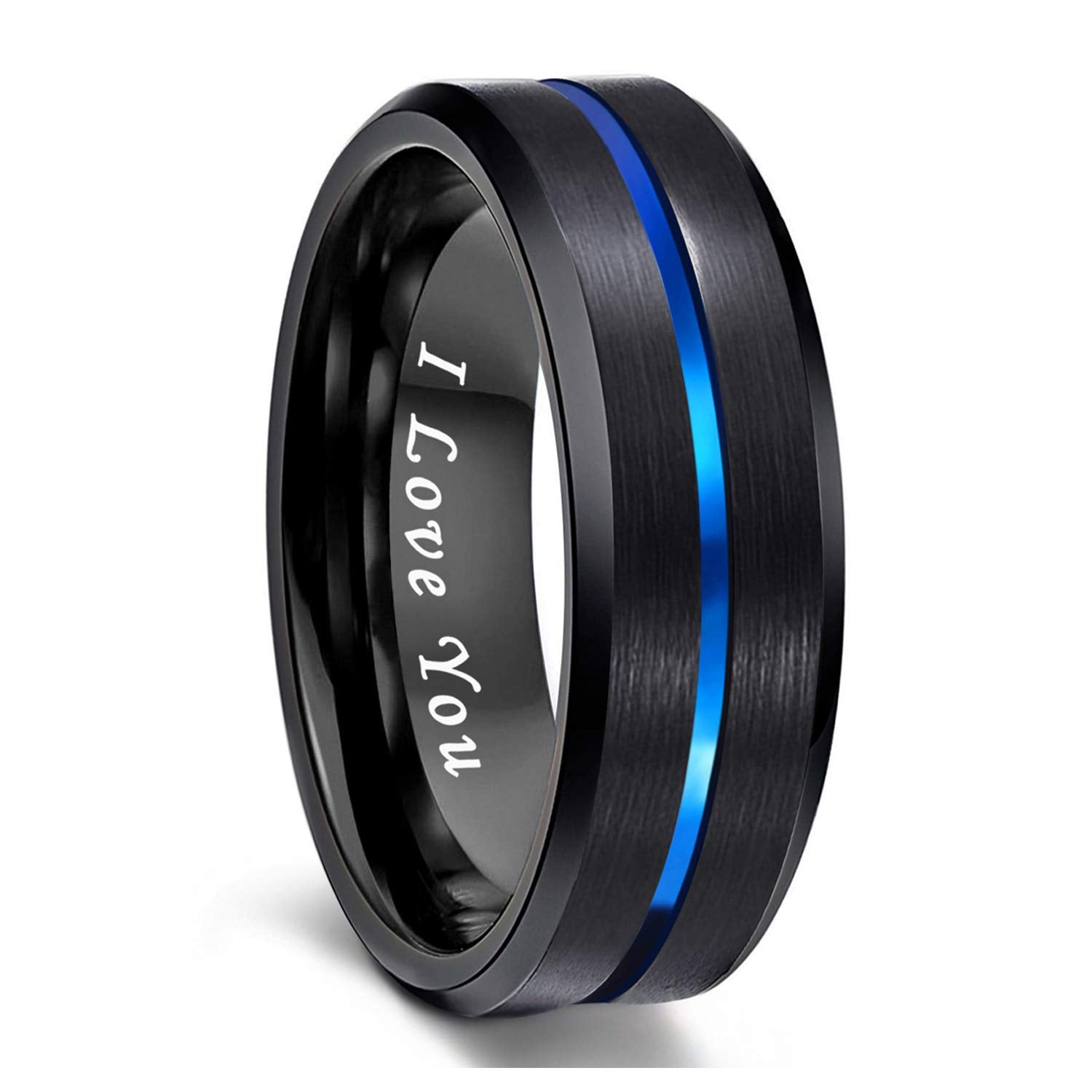 Greenpod 8mm Blue&Black Men and women Tungsten Carbide Wedding Engagement Band with Thin Blue Groove Beveled Edge Engraved I Lov
