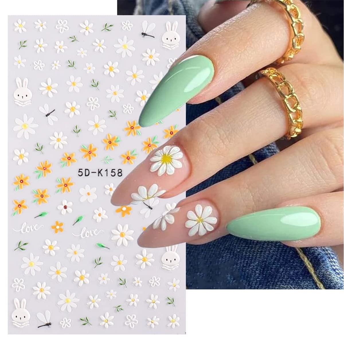 5D Embossed Flower Nail Art Stickers, 6 Sheets Self-Adhesive Nail Sticker Decals,Luxury Hollow Exquisite Pattern Spring Daisy Le