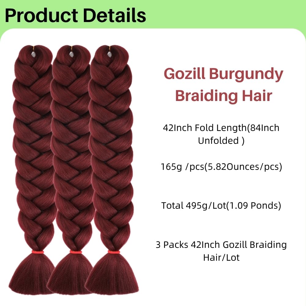 Burgundy Braiding Hair Pre Stretched 42 Inch for Knotless Braids Long Synthetic Box Braiding Hair for Women