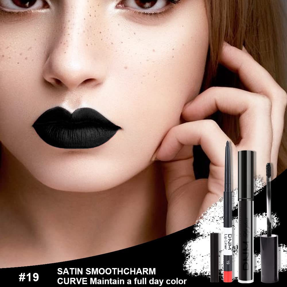 Evpct 2Pcs Black Matte Liquid Lipstick And Lip Liner Gloss Stain Pencil Makeup Set Dnm Long Lasting Dark Matte Lipstick 24H And