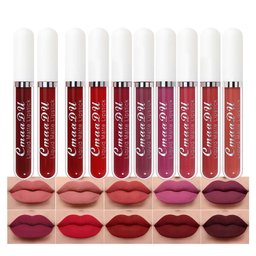 Evpct Cmaadu 10Pcs Liquid Matte Matt Lipstick Set For Black Women, Dark Deep Bright Ruby Sexy Brick Mauve Plum Red Violet Purple