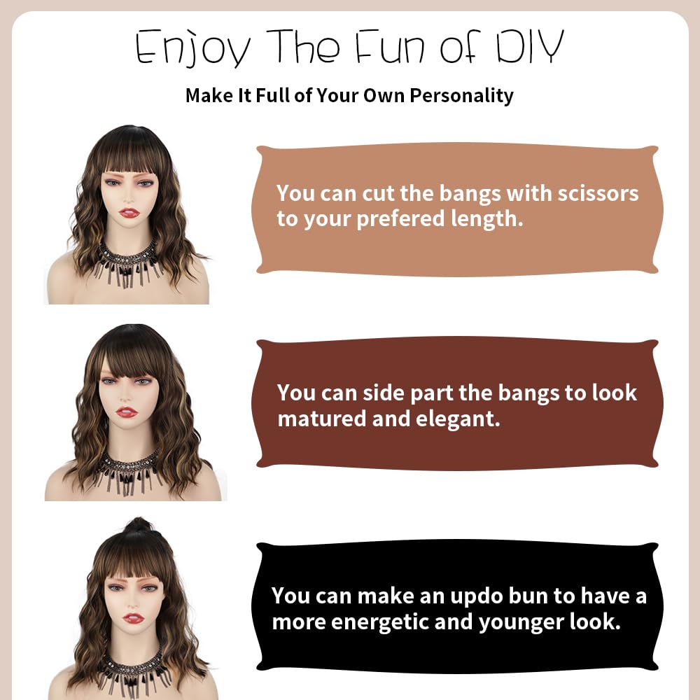 Aisi Hair Synthetic Curly Bob Wig With Bangs Natural Brown With Blonde Highlight Short Wavy Bob Hair Wigs For Women Natural Look
