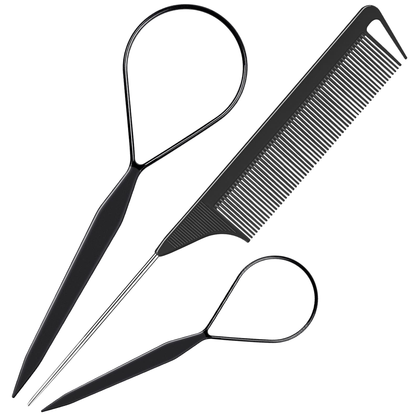 TsMADDTs 3Pack Hair Styling Tools Set with French Braid Loop, Rat Tail Comb, and Metal Pin Tail Braiding Comb, Black
