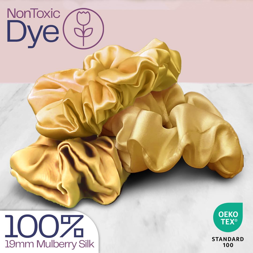 Celestial Silk Mulberry Silk Scrunchies For Hair (Gold)