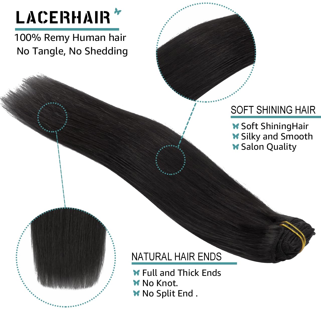 Lacer Thick Hair Extensions Clip In Human Hair Full Head Silky Straight Natural Black Clip In Hair Extensions 120G 7Pcs 14 Inch