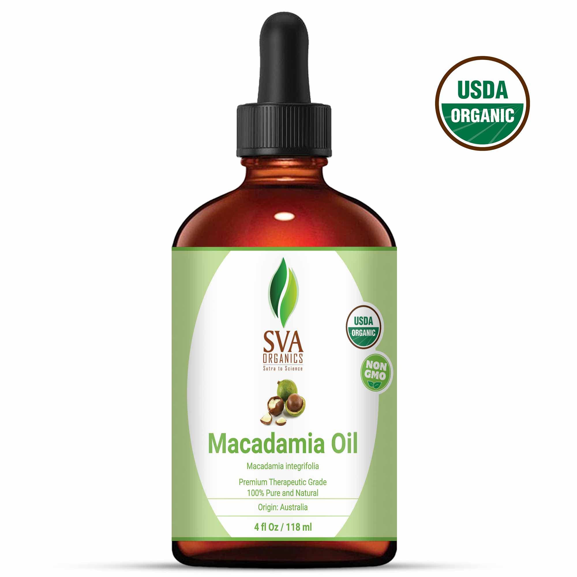 Sva Macadamia Seed Oil Organic - 4 Fl Oz - 100% Natural Cold Pressed Organic Macadamia Oil - For Face, Skin Care, Hair Care, Sca