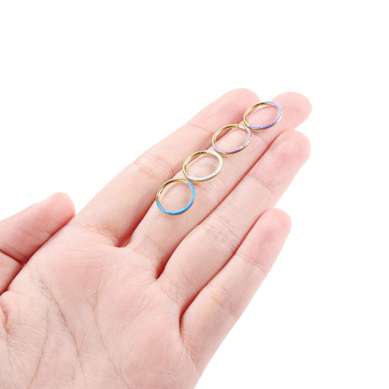 FUNLMO 16G Septum Ring 8mm Daith Earrings Clicker Nose Rings Helix Conch Piercing Jewelry Surgical Steel White Opal Inlaid Gold