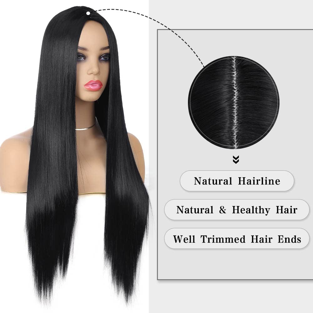 Wiger Long Black Wigs Straight Black Hair Dye Wig For Women Middle Part Synthetic Heat Resistant Natural Hair For Party Or Hallo