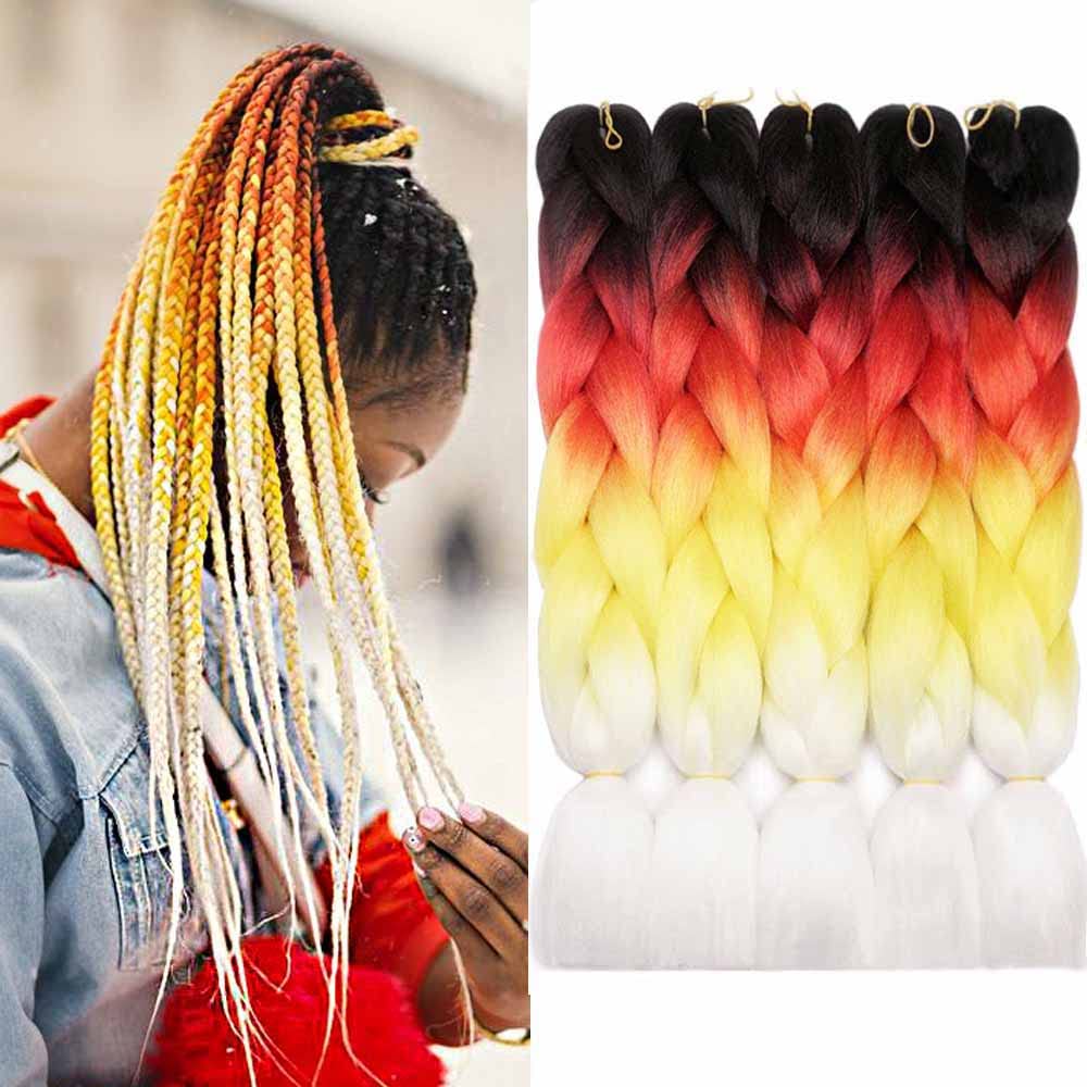 AIDUSA Color Braiding Hair 5pcs Synthetic Braids Hair Extensions 24 Inch Three Tone Braiding Hair Crochet Braids 100g (#57 Black