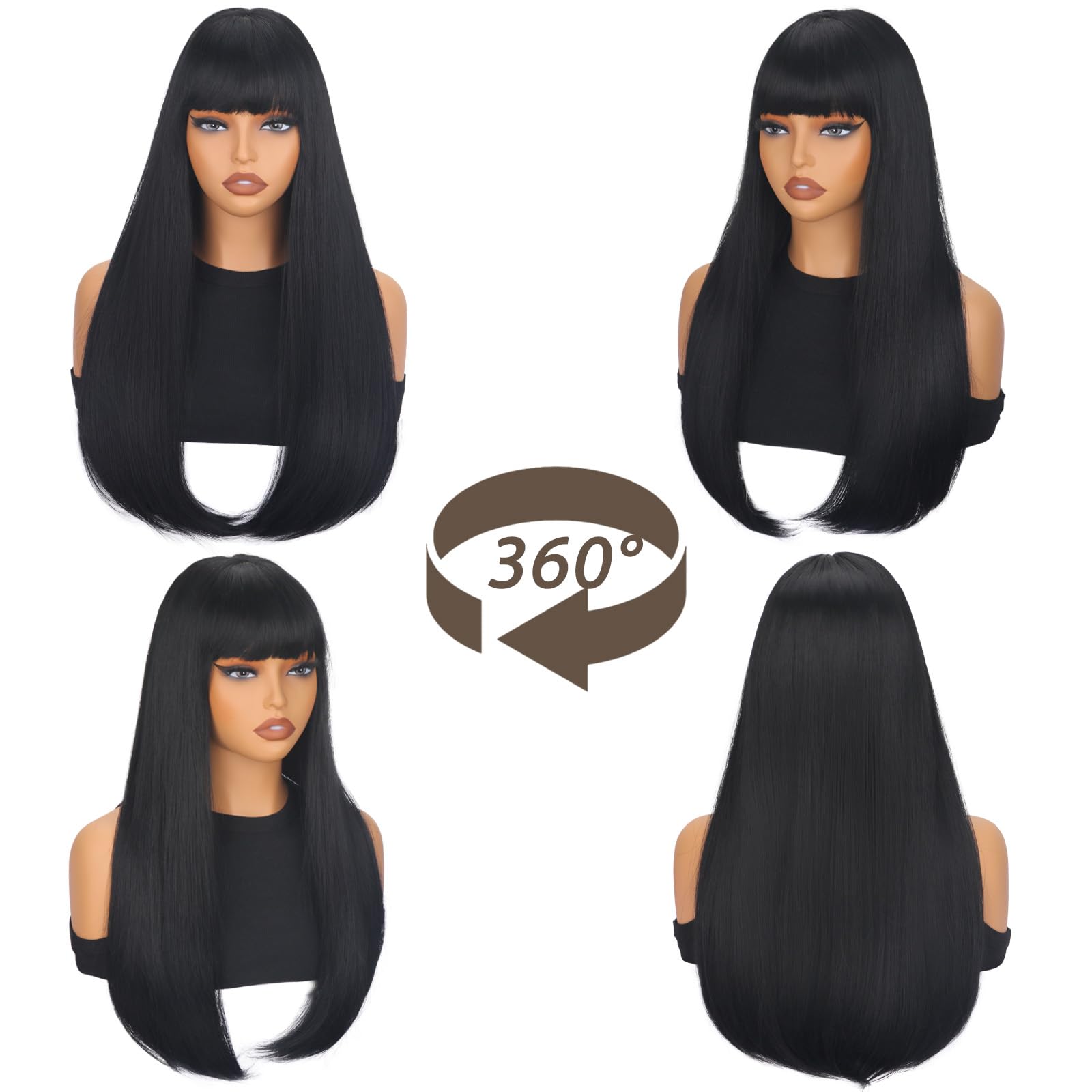 Sukri Long Straight Black Wig With Bangs Natural Black Hair Wigs For Women Synthetic Heat Resistant Wigs For Girls Daily Party U